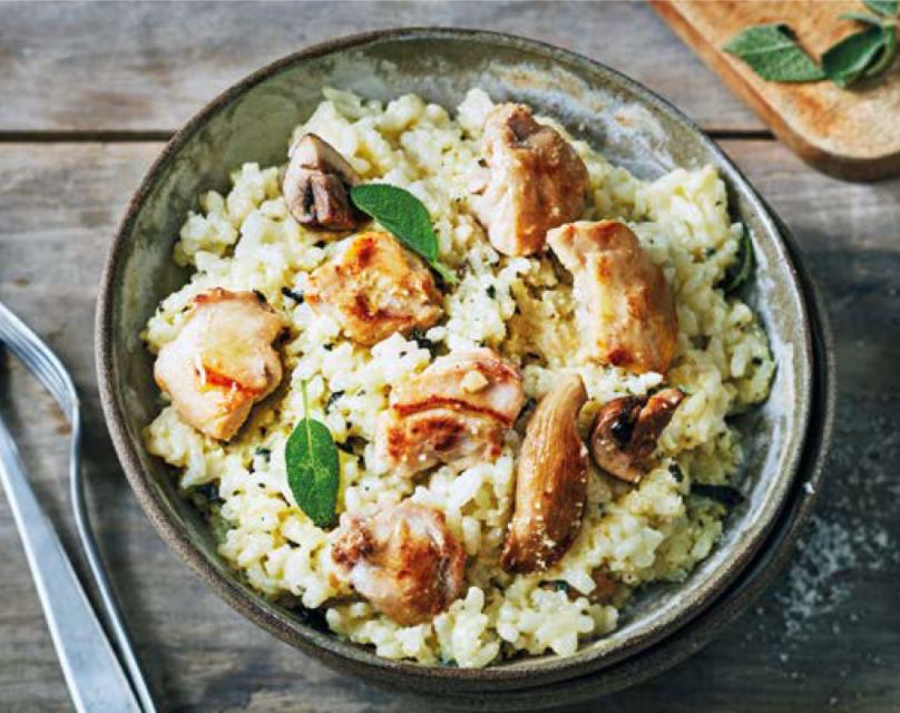 Risotto de lapin au pesto de sauge et champignons